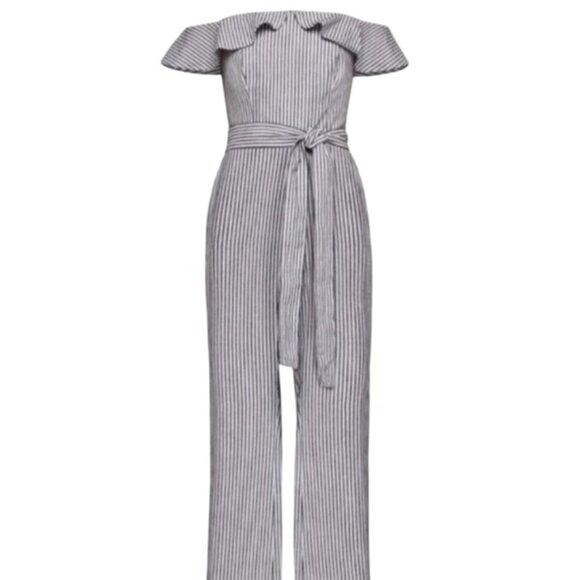 BCBGeneration Off-The-Shoulder Striped Jumpsuit Size 0 Navy White New - Picture 1 of 11